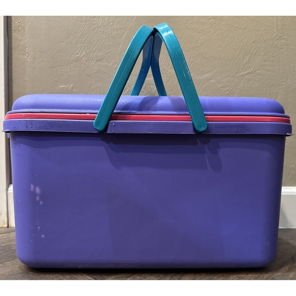 VTG Eagle Craftstor Sewing Tote Box Storage Purple Pink Teal Tray Lid Craft Bin